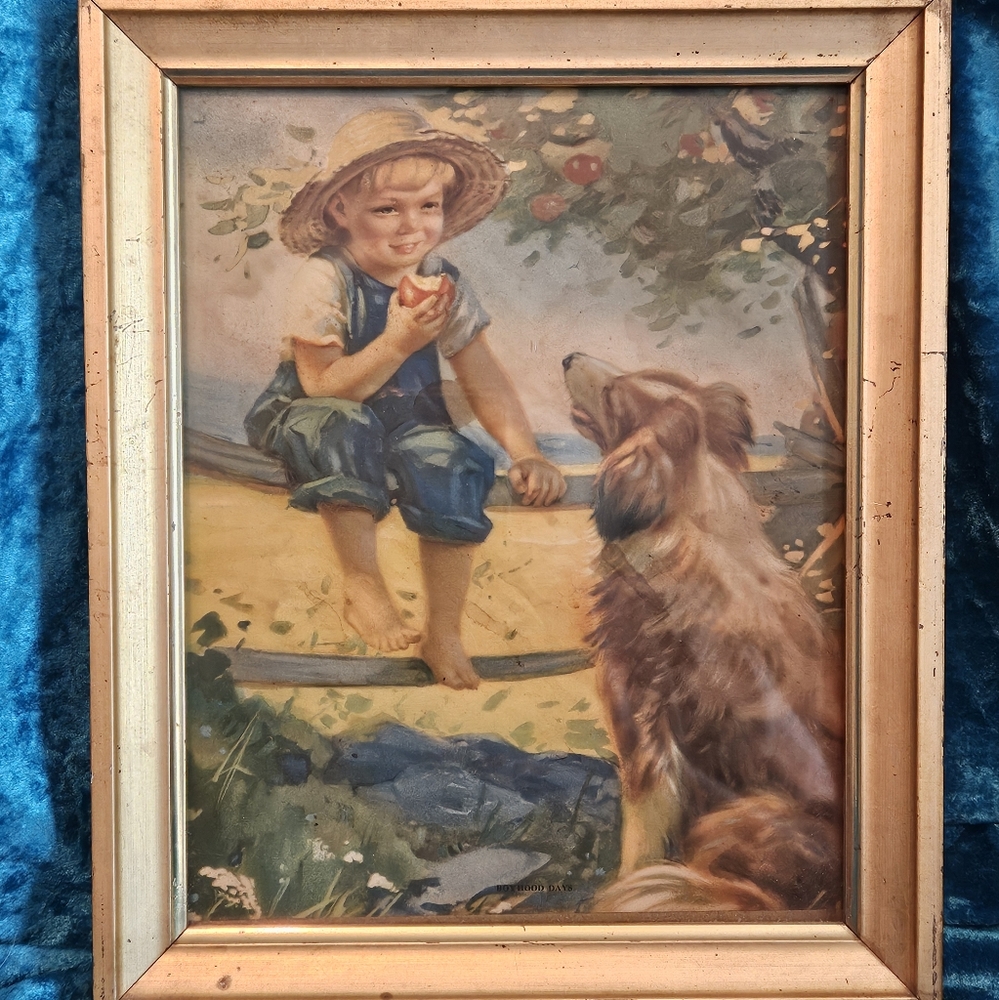 Artist Ariane Beigneux Vintage Framed Print "Boyhood Days" Circa 50's